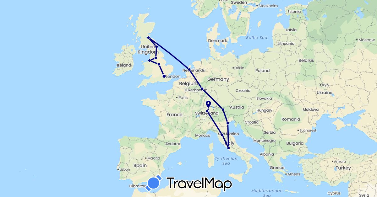 TravelMap itinerary: driving in Austria, Switzerland, Germany, United Kingdom, Italy, Netherlands (Europe)